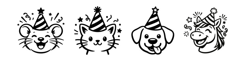Naklejka premium Cute animal party faces set, cat and dog wearing birthday hats, hand drawn line art characters, festive celebration illustration for design