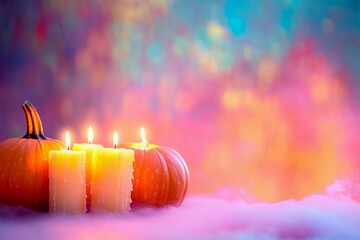 Candle lit Halloween pumpkins glowing in vibrant colors with empty space for festive greetings
