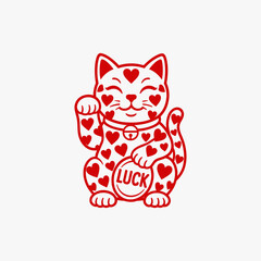 Charming vector illustration of a waving lucky cat adorned with hearts and the word "luck" on its coin. Represents good fortune and happiness, perfect for greetings and celebrations.