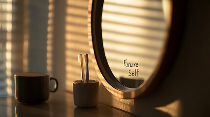 Morning rituals, sunlight peeking through blinds. Future self vision reflected in the mirror near a toothbrush holder, paired with a coffee mug. Fresh start.