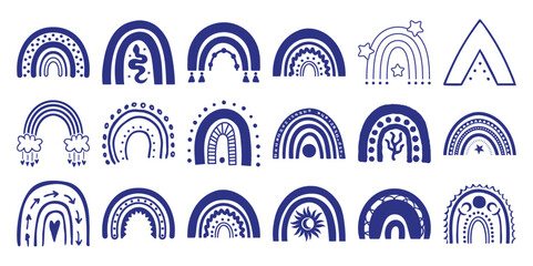 Collection of various hand drawn dark blue boho rainbow white