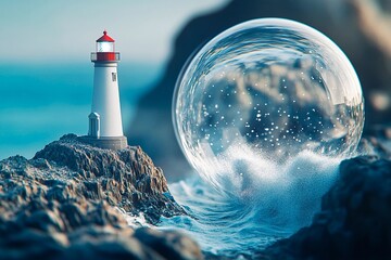 Glass sphere encasing lighthouse on cliff with ocean waves crashing below