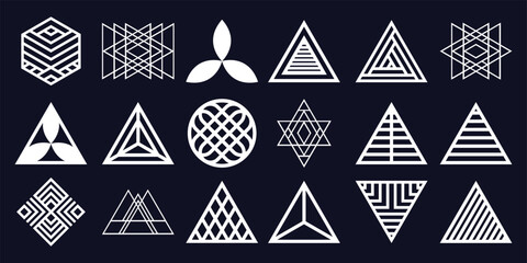 Collection of white geometric abstract symbols and patterns dark blue