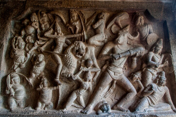 Bas relief sculpture, Mahabalipuram, Tamil Nadu, India.