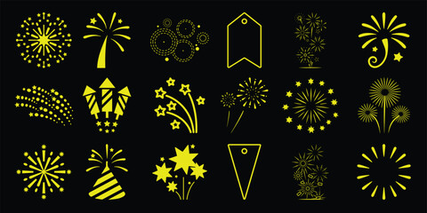 Collection of yellow firework and celebration black star burst