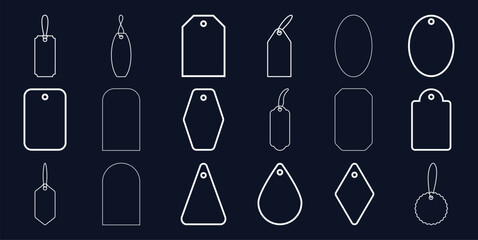 Collection of white outline tags and labels in various shapes dark blue price sale