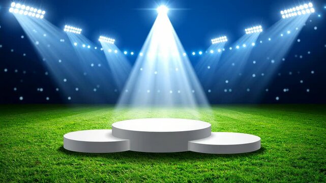 Illuminated three-tiered circular platform on vibrant green grass field under stadium lights, spotlight shining, clear blue background providing contrast