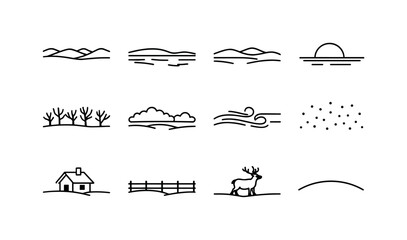 Winter Horizon Icons. Winter horizon scenes. Line icon set of winter horizon scenes: distant hills, frozen lake silhouette, snowy field, winter sun low, bare
