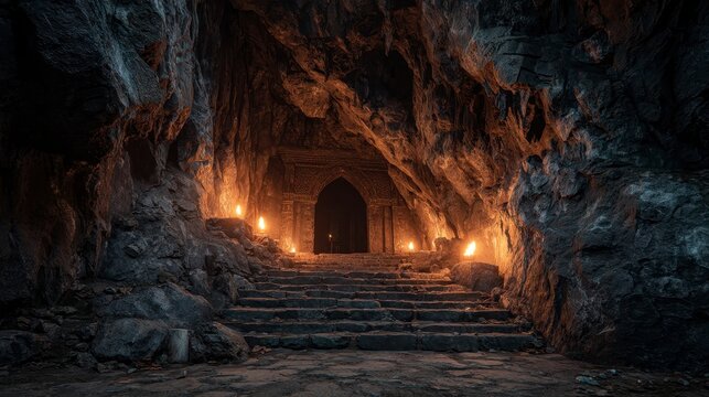 A stone cave entrance, illuminated by flickering candles. Steps lead to a darkened archway, with rugged textures