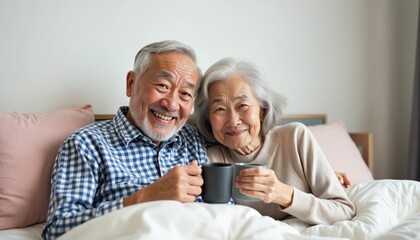 Elderly Asian couple in bed smiles holding mugs. Enjoy morning coffee together, sharing warm loving moment in cozy home. Happiness, contentment radiates from faces, reflecting lifetime of