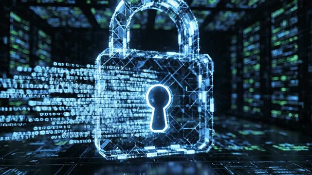 Digital security animated lock symbol in data center environment