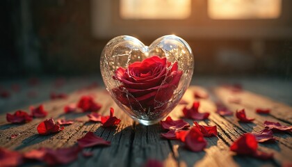 Red rose trapped inside cracked glass heart on wooden table. Scattered red petals surround object. Symbolizes broken love relationship or lost romance, sadness. Represents finality.