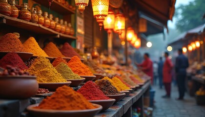 Colorful spice mounds at an Indian night market stalls with hanging lanterns. People walk by in soft focus. Scene includes jars and traditional wares for sale.