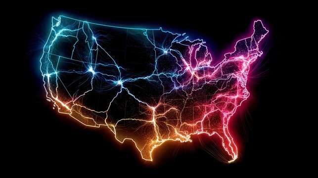 A stylized map of the United States glows with electric energy, showcasing interconnected pathways and vibrant color gradients against a stark black background - Powered by Adobe
