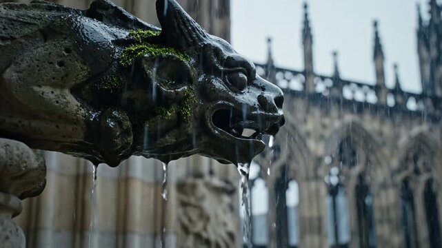 Architectural gargoyle waterspout in the rain on historic building