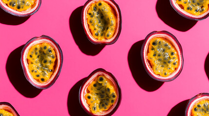 Passion fruit halves on a vibrant pink background, showcasing the juicy yellow pulp with black seeds. A tropical delight, perfect for healthy snacks and desserts.