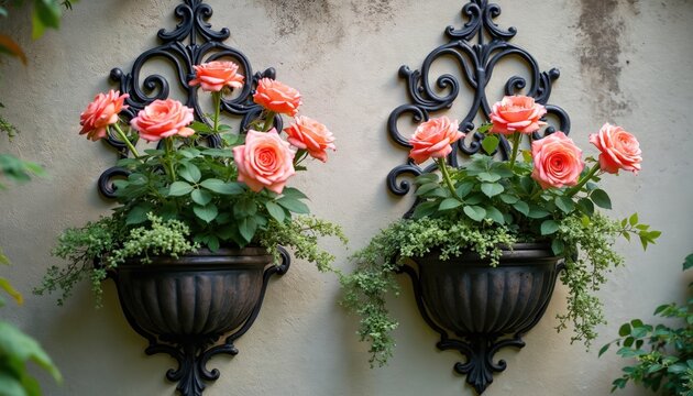 Two ornate black iron wall planters overflow with rich green foliage, delicate pink roses. Planters attach to textured neutral wall, creating elegant outdoor floral display. Arrangement adds beauty