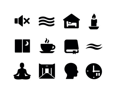 Silent Moments Icons. Silent moments. Solid icon set of silent moments: mute symbol, still air icon, quiet room box, dim candle, half-light window, untouched