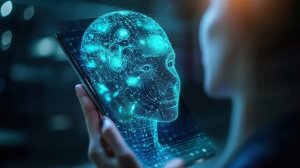 A person's hand holds a smartphone screen showcasing a glowing, interconnected digital human head, symbolizing artificial intelligence and advanced technology.