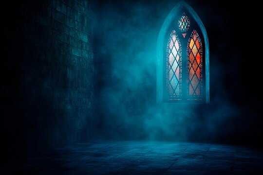 Hazy light shines through a vintage window in an old church wall