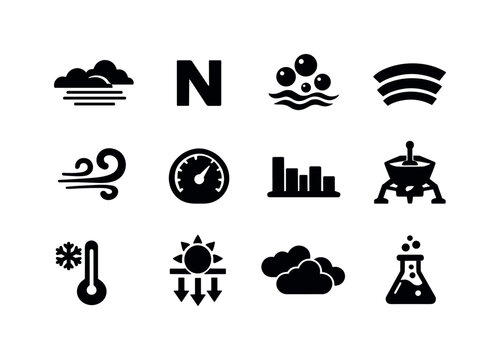 Titan Atmosphere Icons. Titan atmosphere. Solid icon set of Titan atmosphere: haze cloud icon, nitrogen symbol, methane vapor, atmospheric layers symbol, wind