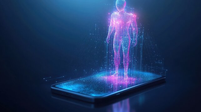 A glowing, futuristic digital human figure made of light particles emerges from a sleek smartphone screen on a dark background, representing advanced technology. - Powered by Adobe