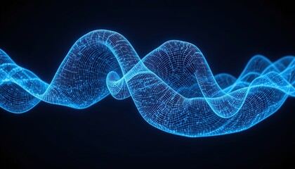 Glowing Blue Wireframe Wave on Black Background, Abstract Technology Design, Visualisation of Sound Waves or Data Streams