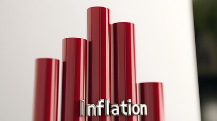 Red bar graph showing Inflation as a growing concept, with the words “Inflation” in reflective metal set against a white background, indicative of financial market changes.