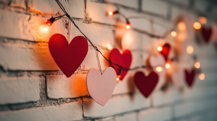 A string of red and pink heart cutouts hanging in front of a white brick wall