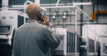 On Site Monitoring, Technician Responding Alerts in Data Center. Technician in Glasses Walking and Responding System Alerts Via Cell Phone. Concept of Mobile Management and Quick Resolution of Issues.