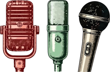 Retro Hand Drawn Microphones Set. Red, Green, and Silver Vintage Mics Isolated