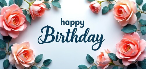 Floral birthday card with elegant script text. Decorative roses and leaves frame happy Birthday message. Perfect for invitations, greetings and celebrations.