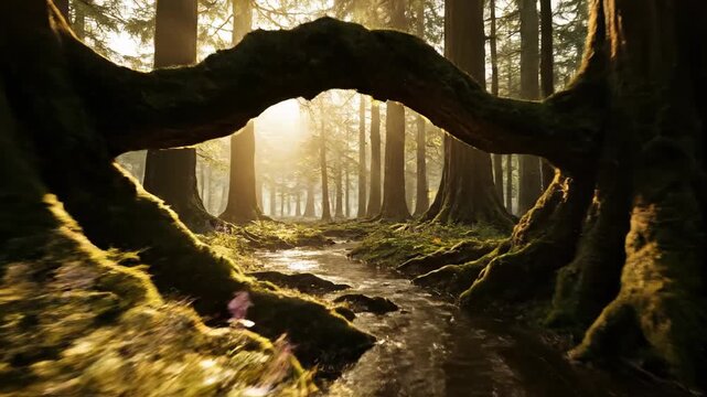 Natural light filters through the branches of big old trees in a lush green forest, illuminating the path, winding roots, and textured bark of the woodland landscape