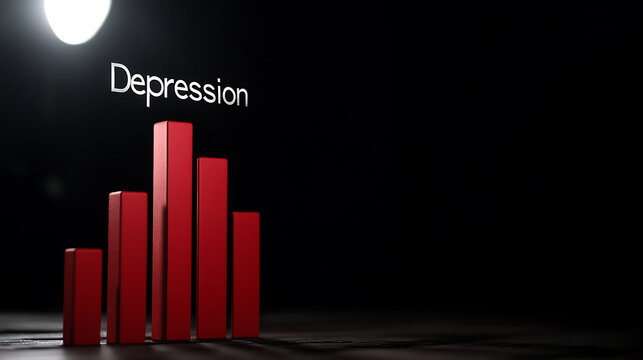 Red bar graph symbolizes the rising struggle with depression. Dark background emphasizes the emotional weight. Abstract representation of mental health, a silent crisis. - Powered by Adobe