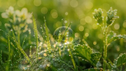 Spiderweb Jewels dew sparkle spring Low angle tracking A serene spring morning unfolds with captivating detail. The camera captures