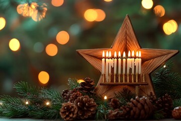 Elegant Hanukkah display with candlestick and glittering decorations in warm evening light