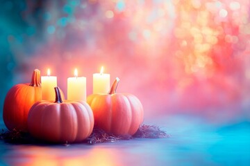 Candle lit Halloween pumpkins glowing in vibrant colors with empty space for festive greetings