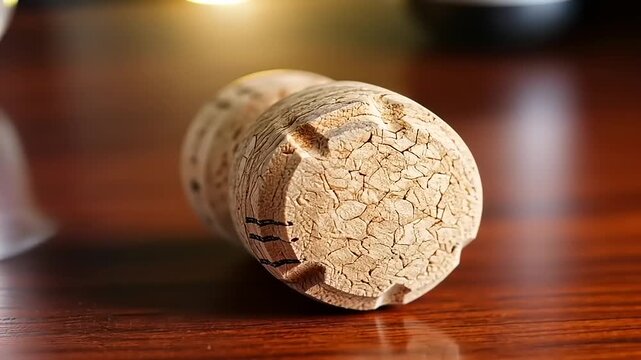 Close up of wine corks on a wooden table with soft lighting.