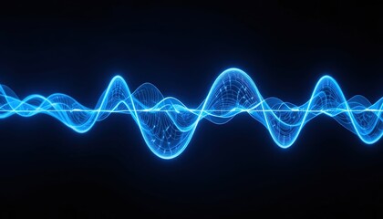 Abstract Blue Glowing Sound Wave Visualisation on Black Background, Futuristic Digital Graphic Concept