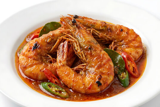 Indonesian udang saus padang, prawns coated in thick spicy sauce, isolated on a white background