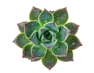 Close-up overhead view of a vibrant green succulent plant with water droplets on its leaves isolated on a white background.