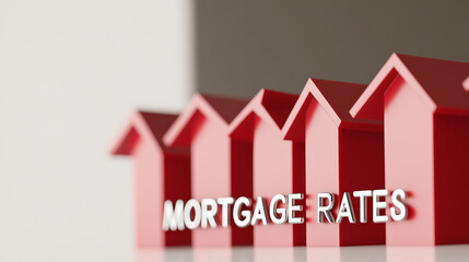 Illustrative graphic showing upward red arrows symbolizing rising mortgage rates. The metallic 'MORTGAGE RATES' text is in focus, conveying an economic trend.