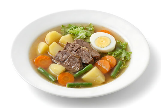 Indonesian selat Solo / Javanese salad, Javanese style beef stew with light sweet brown broth and sliced beef, on a white plate with white background, suitable for food advertisement