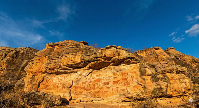 Ancient prehistoric rock paintings on a sandstone cliff in Serra da Capivara National Park