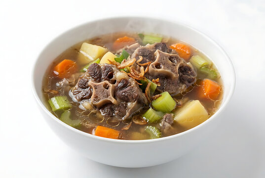 Indonesian sop buntut, oxtail soup with clear rich broth and visible fat droplets, tender meat, on a white plate with white background, suitable for food advertisement