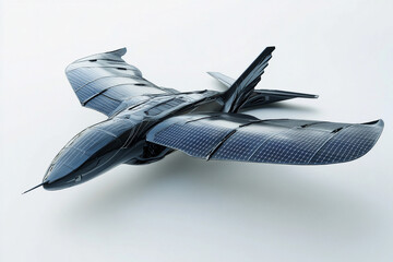 Innovative bird-shaped aircraft with solar panel wings soaring above the clouds
