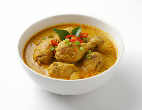 Indonesian gulai ayam / chicken curry, chicken pieces in yellow curry broth with natural oil pooling, uneven texture, on a white plate with white background, suitable for food advertisement