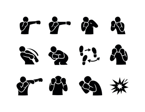 Boxing Training Icon Set. Boxing training moves. Solid icon set of boxing training moves: jab, cross punch, hook punch, uppercut, slip move, weave move,