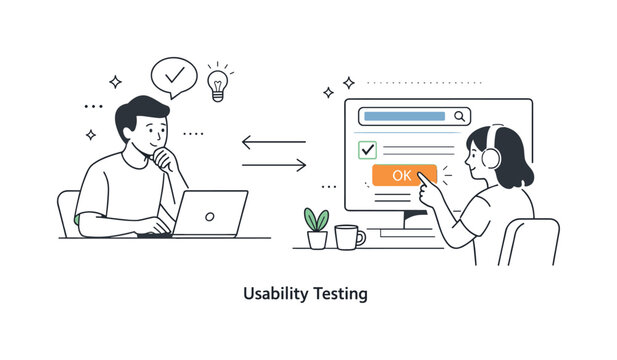 Usability Testing Illustration. Usability testing session. A designer observing a user interacting with a simple interface. Calm feedback loop and improvement,