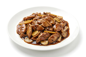 Obraz premium Indonesian-Chinese chicken in oyster sauce, sliced chicken with glossy brown sauce, on a white plate with white background, suitable for food advertisement